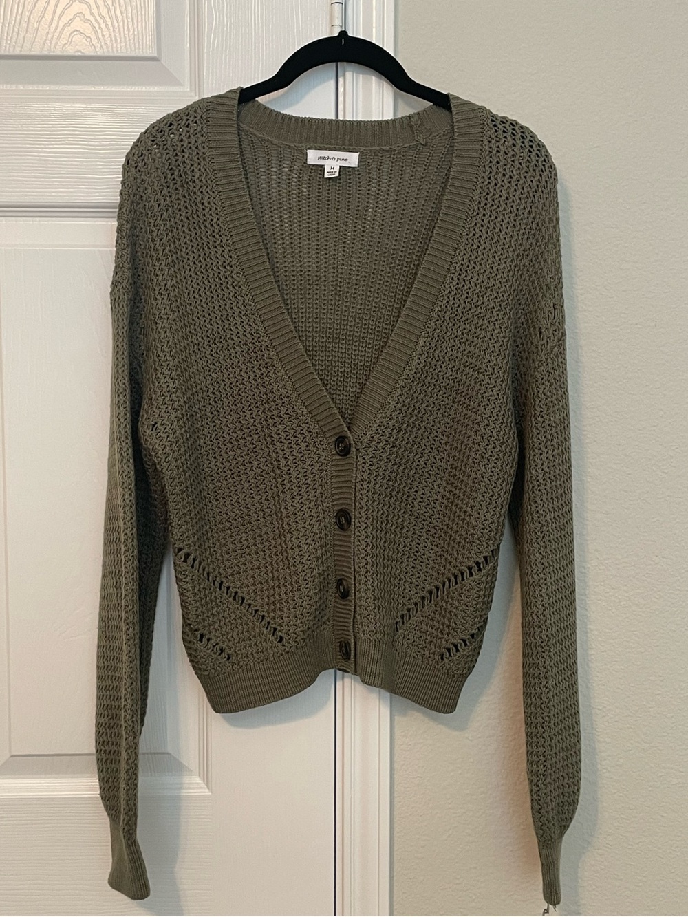 Open-Weave Olive V-Neck Button Cardigan